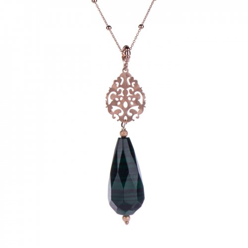Rose gold plated sterling silver necklace with malachite teardrop.