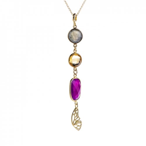Yellow gold plated sterling silver long necklace with semi precious stones.