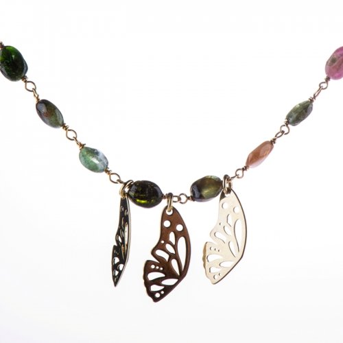 Yellow gold plated sterling silver rosary-necklace with tourmaline beads.