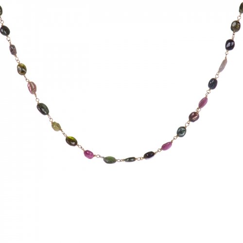 Yellow gold plated sterling silver necklace with tourmaline beads.