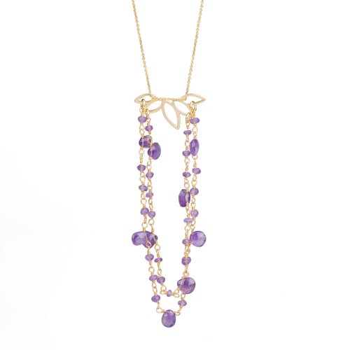 Yellow gold plated sterling silver double necklace with amethyst beads.